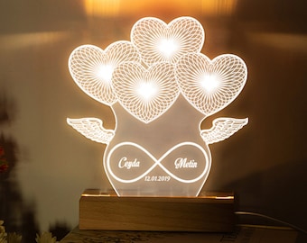 Lampe 3D personnalisée veilleuse personnalisée Couple nom lampe cadeau d'anniversaire gravé bois Art ange aile lampe de bureau lumière acrylique