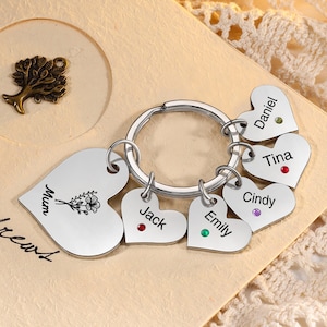 Personalized Keychain with Kids Names Charms Birth Flower & Birthstone Keychain Heart Keychain for Mom Mum Grandma Mothers Day Gift Ideas