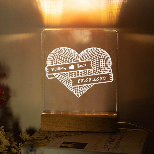 Personnalisé Gravé Nom Lampe Blocs De Verre Coeur Lumières Cadeaux De Fête Des Mères Personnalisés Lampes De Table Et De Chevet Cadeau D'anniversaire Pour Elle Lui