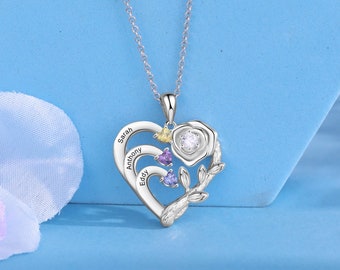 Collier coeur de roses mère fille gravé personnalisé 1-4 noms et pierres de naissance collier pendentif promesse pour maman, bijoux d'anniversaire de famille