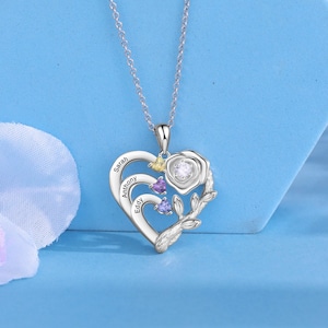 Collar con colgante de corazón de rosas para madre e hija, grabado personalizado de 1 a 4 nombres y piedras natales, collar con colgante de promesa para mamá, joyería de aniversario familiar