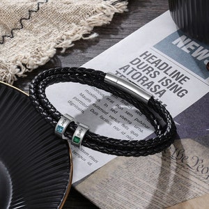 Gepersonaliseerde aangepaste 1-8 naam kralenarmband met geboortesteen, kindernaamarmband, leren herenarmband, cadeaus voor hem, Vaderdagcadeau