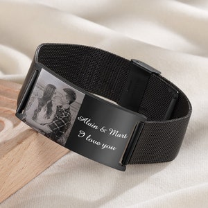Foto grabada personalizada y nombre Pulsera ancha retráctil de acero inoxidable Regalos personalizados de joyería de imagen de pirture para hombres Padre