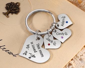 Mother's Day Keychain Custom Kids Name Birthstone Keychain This Mom is loved by Keyring New Mom Keychain Grandma Birthday Gift