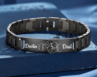 Personalized Custom Dad and Child Names Bracelet Fist to Fist , ID Bracelet Stainless Steel,Family Gifts for Men,Fathers Day Gift