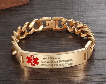 Bracelets d’alerte médicale pour hommes Femmes 7,9-8,7 pouces Bracelets d’identification d’alerte d’urgence Bracelets en acier inoxydable Bracelet médical Couleur or