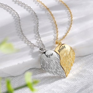 Double Angel Wing Necklace Matching Set Couples Necklace Engraved Heart Charm Friendship Necklaces for Sister,BFF,Lover,Mom