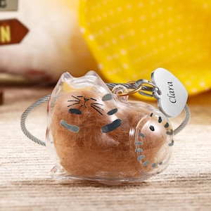 Cat Pet Fur Keepsake Keychain with Name, Cat Hair Memorial Jewelry, Keychain Locket Cat Hair Inside, Pet Remembrance, Gift for Cat Lover