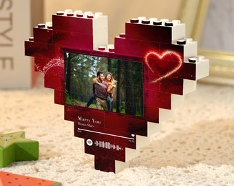 Photos couleur personnalisées avec code musical Bloc de construction en brique en forme de cœur Impression de texte Image Puzzle Décoration d'intérieur Cadeaux personnalisés pour elle