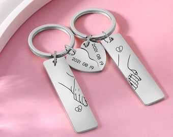 Matching Couple Keychain Set Custom Engraved Heart Keyring Engraved Date & Couples Initial Keychains Gift For Him Wedding Anniversary Gift