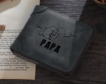 Papa Zipper Wallet Custom Fist to Fist Father and Kids Name,Wallet for Men Personalized Gifts for Him,Dad,Husband,Father's Day Gift