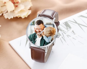 Personalisierte Fotouhr, individuell gravierter Text, braunes Leder, Paaruhren für Herren Damen, Jubiläumsgeschenke für Ehemann, Vatertagsgeschenk