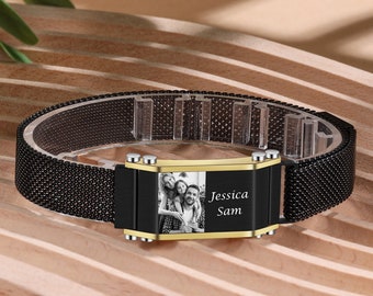 Bracelet personnalisé avec photo et nom, image gravée de bracelet à boucle magnétique réglable, cadeaux personnalisés pour cadeau de fête des pères pour hommes