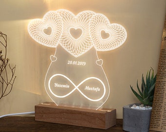 Personalized 3D LED Table& Bedside Lamp Night Light Custom 2 Names Couples Heart Desk Lamp Mother's Day Gifts for Her