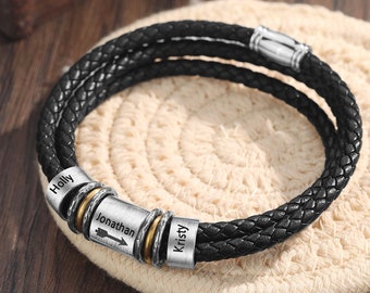 Bracelet personnalisé pour papa Bracelets en cuir tressé noir gravé 3 noms d'enfants perles personnalisées nom hommes Bracelets pour mari