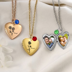 Foto Medaillon Halsketten, Gravieren Birthflower Medaillon Halskette mit Foto, Birthstone Herz Medaillon, Familie Verlust Erinnerung Halskette, Geschenk für Sie