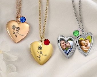 Photo Locket Necklaces, Engrave Birthflower Locket Necklace with Photo, Birthstone Heart Locket, Family Loss Memorial Necklace, Gift for Her