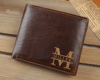 Cartera con nombre grabado personalizado, diseño de letra inicial, cartera de cuero personalizada para hombres, regalos para marido, papá, hijo, novio, regalos del día del padre