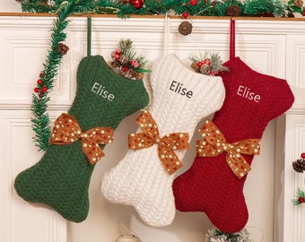 Personalized Dog Bone Christmas Stockings with Name, Pet Stocking, Bone Holiday Stocking for Dog, Puppy Lovers Gift Christmas Stockings