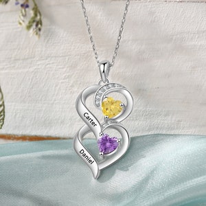 Multiple Heart Birthstone Necklace Custom Family Birthstone Necklace Gemstone Heart Pendant Necklace for Mom Birthday Mothers Day Gift