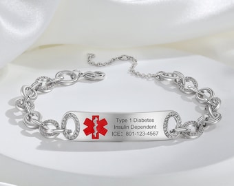 Customized Women Medical Alert ID Bracelet Emergency Medical Alert Bracelets Custom Engrave Front & Inside Adjustable Bracelet for Her