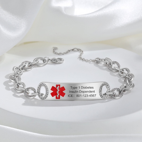 Customized Women Medical Alert ID Bracelet Emergency Medical Alert Bracelets Custom Engrave Front & Inside Adjustable Bracelet for Her