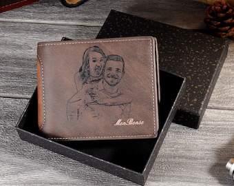 Father's Day Gifts Personalized Picture Mens Wallet, Custom Engraved Photo Leather Wallet, Memory Anniversary Gifts for Dad, for Husband