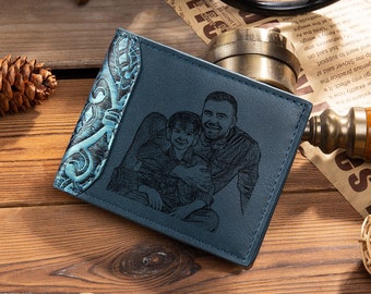 Personalized Custom Mens Photo Wallet Printed Stitching PU Leather Wallet Engraved Picture Wallet For Men, Husband,Father Gifts for Him