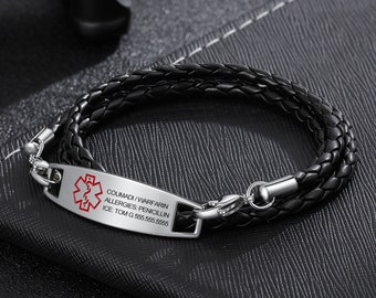 Bracelets d’alerte médicale Bracelets en cuir Multi Circle Étiquette nominative d’urgence personnalisée Bracelet d’identification Bracelet familial pour hommes Femmes