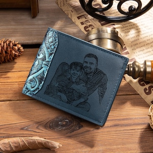 Personalized Custom Mens Photo Wallet Printed Stitching PU Leather Wallet Engraved Picture Wallet For Men, Husband,Father Gifts for Him