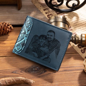 Personnalisé personnalisé Portefeuille photo pour hommes Coutures imprimées Portefeuille en cuir PU Portefeuille d’images gravées pour hommes, mari, père Cadeaux pour lui