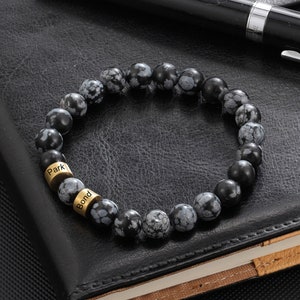 Copo de nieve obsidiana pulsera con cuentas pulsera de piedras preciosas joyería personalizada 2-4 nombres hombres pulsera regalo del día del padre para el regalo del marido para él