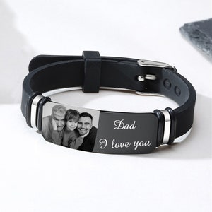 Pulsera de hombre con foto personalizada, pulsera de silicona con nombre grabado, pulsera ajustable, regalos personalizados para papá, regalo de Navidad para él
