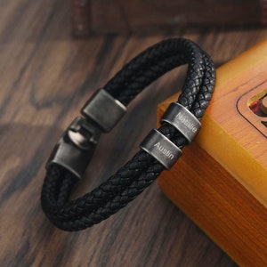 Pulseras de cuentas personalizadas con nombres de 1 a 5 para hombre, pulsera grabada personalizada con nombres de niños, pulsera de cuero para hombre, regalo para esposo o papá.