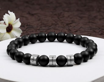 Bracelet Onyx noir avec 3 noms personnalisés pour hommes, Bracelet perlé, Bracelet Onyx mat, cadeau pour lui