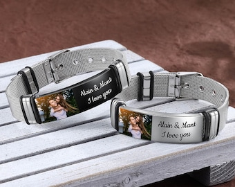 Custom Color Photo Engraved Name Strap Bracelet Adjustable Stainless Steel Pirture Image Personalized Gifts for Men Father (Black/Silver)