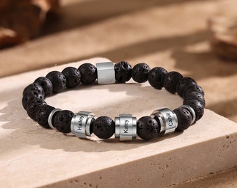 Personnalisé 1-6 noms Bracelet de perles de lave noire cadeaux personnalisés gravé ID nom Bracelet Bracelet pour hommes, mari, cadeau de fête des pères