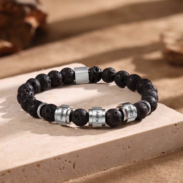 Custom 1-6 Names Black Lava Bead Bracelet Personalized Gifts Engraved ID Name Bangle Bracelet for Men,Husband,Fathers Day Gift