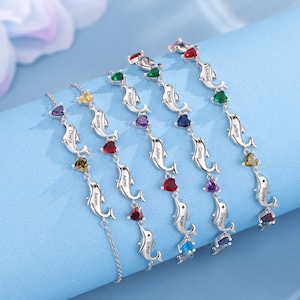 Pulsera personalizada con nombre de familia de piedra de nacimiento, personalizada, 2-6 nombres, pulseras de delfín de amistad, joyería, regalos para amantes de los delfines para ella