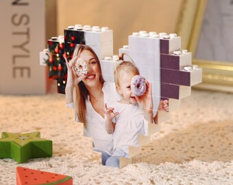 Personalized Custom 2 Photos Heart Building Block Portrait Puzzle Picture Memory Decor Memorial Gifts for Her Him, Mother's Day Gift