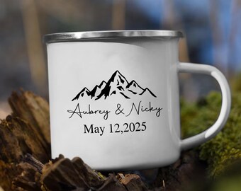 Personalized Engagement Camp Cup,Adventure Enamel Mugs,Hiking Couple Mug Gift,Campfire Cup Bridal Party,Newlywed Wedding Anniversary Gift