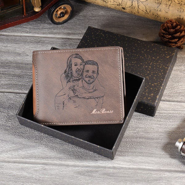 Cartera personalizada para hombre con foto, cartera de piel sintética con imagen grabada personalizada, regalos de aniversario para papá, marido, regalo del día del padre