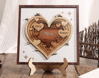 Heart Wooden Sign, Personalized Gift for Mom, Family Name Wood Plaque, Kids Names Sign, Mother's Day Gift From Kids, Mom Birthday Gift