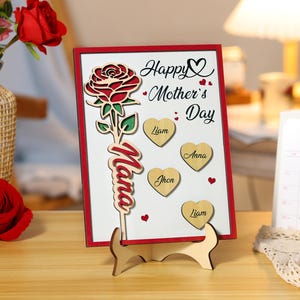 Holzschild für Mama, benutzerdefiniertes 1-4 Kindername Herzholzschild, Nana-Holzschild, graviertes Holzfamilienschild, Rose Geschenk für Sie, glückliches Muttertagsgeschenk
