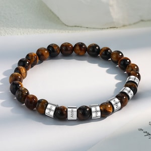 Pulseira de pedra olho de tigre de 9,6 polegadas personalizada gravada com 6 nomes pulseira de pedra preciosa da sorte para homens, marido, pai