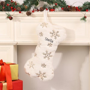 White Dog Bone Stocking Personalized Name Dog Bone Embroidered Christmas Stockings Snowflake Stocking Christmas Gifts for Puppy Dog Lover