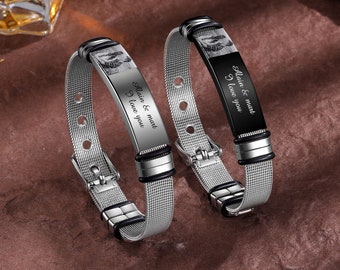 Personnalisé Gravé Photo & Nom inscription Bracelet Acier Inoxydable Pirture Personnalisé Cadeaux de Confirmation pour Garçon, Hommes (Noir/Argent)