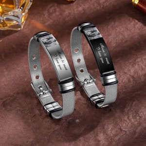 Pulsera de acero inoxidable con inscripción de nombre y foto grabada personalizada, regalos de confirmación personalizados para niño, hombre (negro/plata)