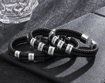 Personnalisé 1-8 noms gravés en perles bracelets en cuir tressé noir cadeaux personnalisés ID nom bracelet bracelet pour hommes mari père