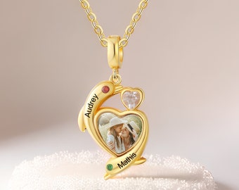 Custom Photo Mom Necklace Gold Personalized Birthstones Engraved 2 Name Promise Dolphin Heart Necklace Anniversary Jewelry Mother's Day Gift